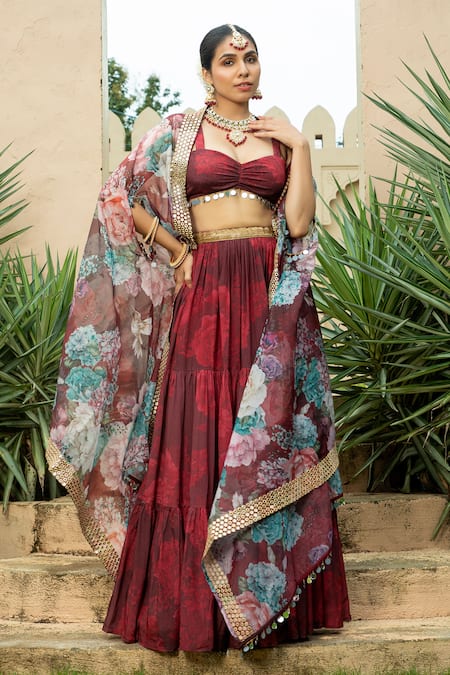 Monk & Mei Aafia Floral Print Cape Tiered Lehenga Set 