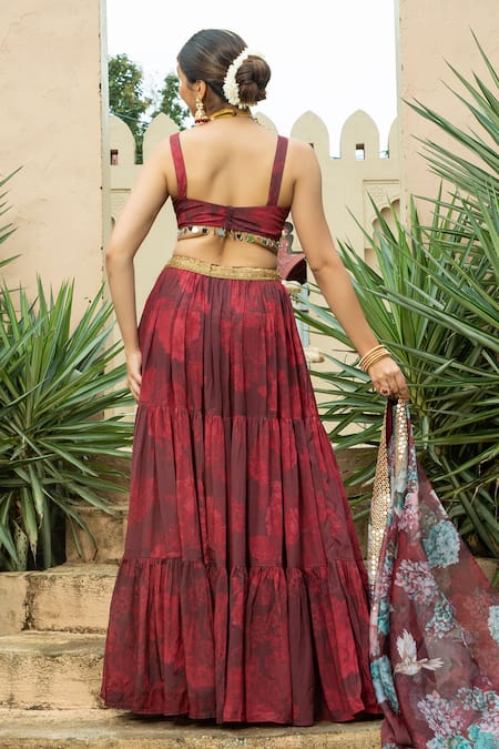 Monk & Mei By Sonia Anand Aafia Floral Print Cape Tiered Lehenga Set 
