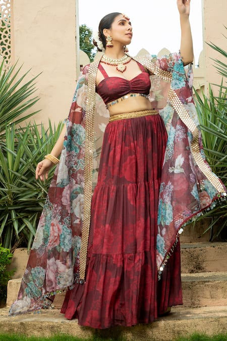 Buy Monk & Mei By Sonia Anand Maroon Georgette Mirrors Sweetheart Aafia Floral Print Cape Tiered Lehenga Set Online at Aza Fashions Buy_Monk & Mei By Sonia Anand_Maroon Georgette Mirrors Sweetheart Aafia Floral Print Cape Tiered Lehenga Set _Online_at_Aza_Fashions