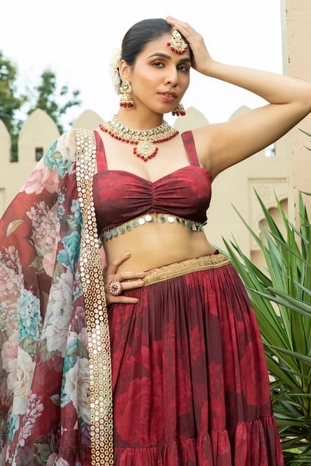 Shop Monk & Mei By Sonia Anand Maroon Georgette Mirrors Sweetheart Aafia Floral Print Cape Tiered Lehenga Set Online at Aza Fashions Shop_Monk & Mei By Sonia Anand_Maroon Georgette Mirrors Sweetheart Aafia Floral Print Cape Tiered Lehenga Set _Online_at_Aza_Fashions