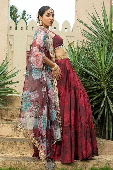Monk & Mei By Sonia Anand Maroon Georgette Mirrors Sweetheart Aafia Floral Print Cape Tiered Lehenga Set at Aza Fashions Monk & Mei By Sonia Anand_Maroon Georgette Mirrors Sweetheart Aafia Floral Print Cape Tiered Lehenga Set _at_Aza_Fashions