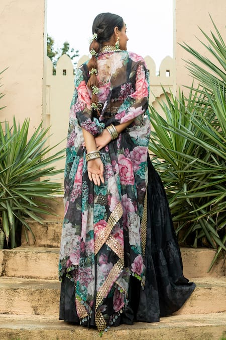 Monk & Mei By Sonia Anand Aafia Printed Floral Cape Tiered Lehenga Set 