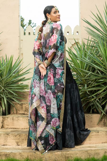 Shop_Monk & Mei By Sonia Anand_Black Georgette Mirrors Sweetheart Aafia Printed Floral Cape Tiered Lehenga Set _Online_at_Aza_Fashions
