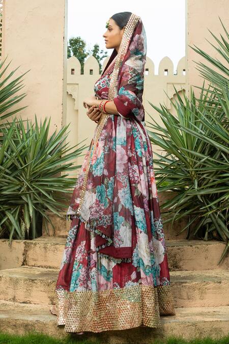 Monk & Mei By Sonia Anand_Maroon Georgette Mirrors, Beads Round Neck Faiza Floral Print Lehenga Set _Online_at_Aza_Fashions