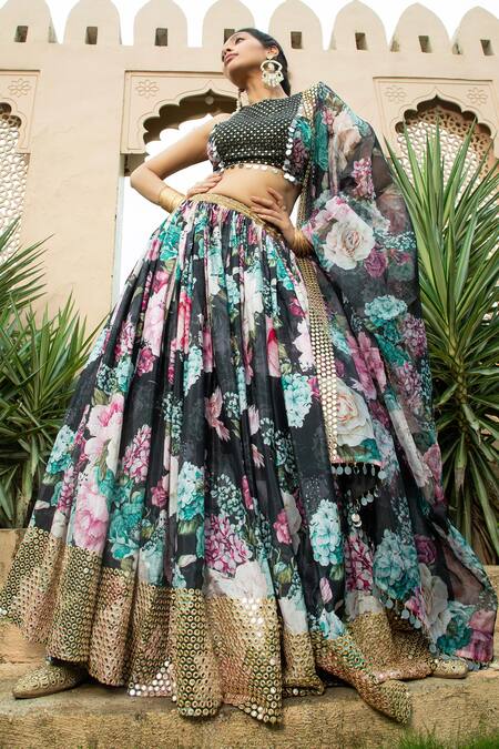 Monk & Mei By Sonia Anand_Black Georgette Beads, Mirrors Round Neck Faiza Floral Print Work Lehenga Set _Online_at_Aza_Fashions
