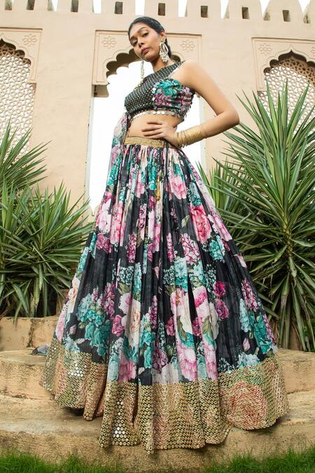 Buy_Monk & Mei By Sonia Anand_Black Georgette Beads, Mirrors Round Neck Faiza Floral Print Work Lehenga Set _Online_at_Aza_Fashions