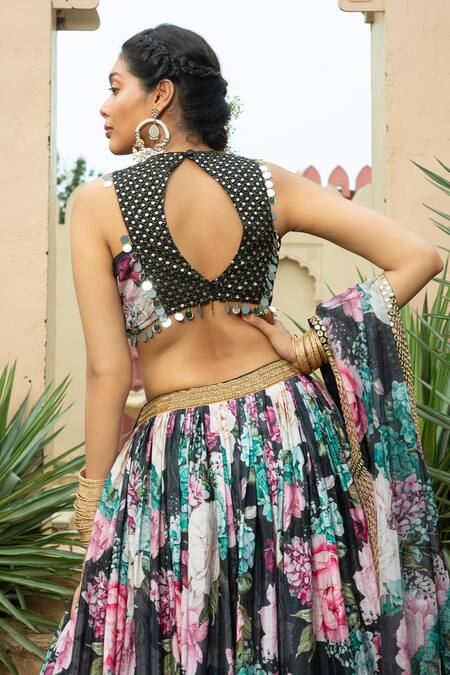 Shop_Monk & Mei By Sonia Anand_Black Georgette Beads, Mirrors Round Neck Faiza Floral Print Work Lehenga Set _Online_at_Aza_Fashions