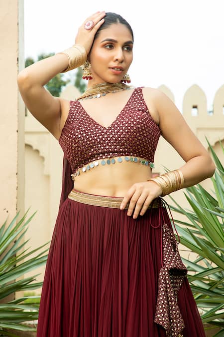 Buy_Monk & Mei By Sonia Anand_Maroon Georgette Gota Patti, Mirrors V-neck Nadia Embellished Hem Lehenga Set _Online_at_Aza_Fashions