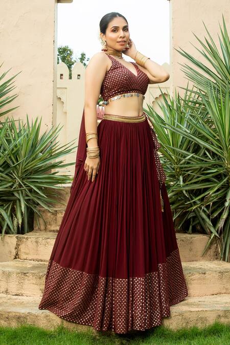 Shop_Monk & Mei By Sonia Anand_Maroon Georgette Gota Patti, Mirrors V-neck Nadia Embellished Hem Lehenga Set _Online_at_Aza_Fashions