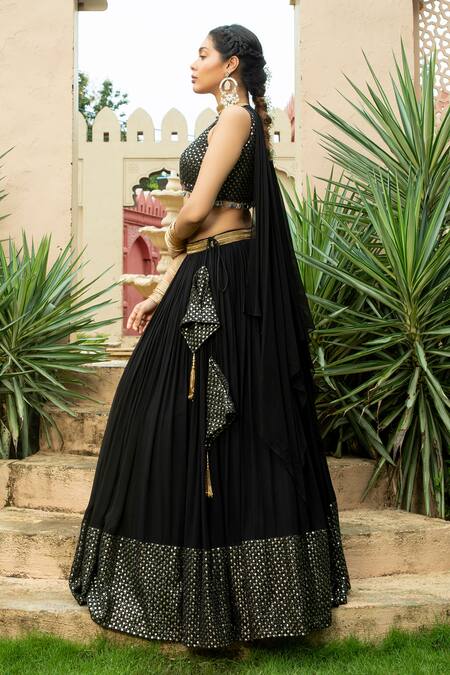 Shop_Monk & Mei By Sonia Anand_Black Georgette Mirrors, Tassels V-neck Nadia Embellished Lehenga Set _Online_at_Aza_Fashions
