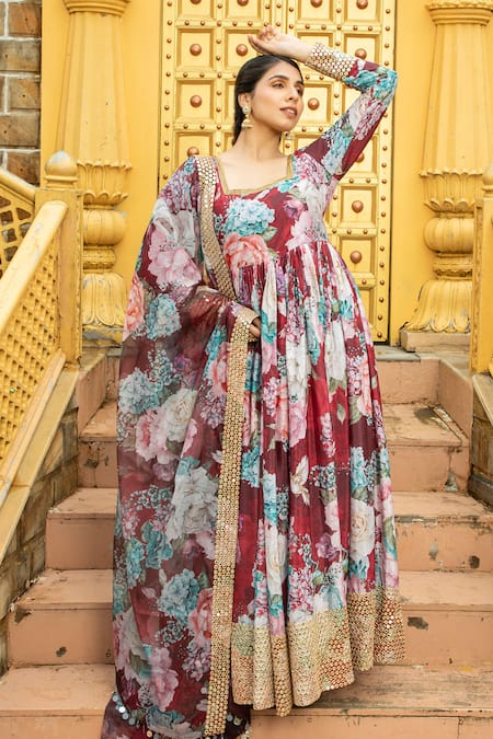 Monk & Mei Amber Floral Print Anarkali With Dupatta 