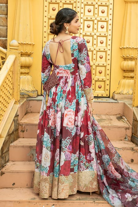 Monk & Mei By Sonia Anand Maroon Georgette Mirrors, Embroidery Amber Floral Print Anarkali With Dupatta Online at Aza Fashions Monk & Mei By Sonia Anand_Maroon Georgette Mirrors, Embroidery Amber Floral Print Anarkali With Dupatta _Online_at_Aza_Fashions
