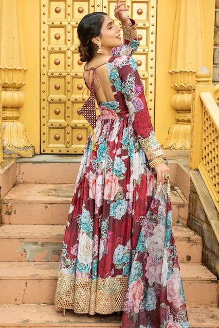 Buy Monk & Mei By Sonia Anand Maroon Georgette Mirrors, Embroidery Amber Floral Print Anarkali With Dupatta Online at Aza Fashions Buy_Monk & Mei By Sonia Anand_Maroon Georgette Mirrors, Embroidery Amber Floral Print Anarkali With Dupatta _Online_at_Aza_Fashions