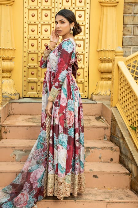 Shop Monk & Mei By Sonia Anand Maroon Georgette Mirrors, Embroidery Amber Floral Print Anarkali With Dupatta Online at Aza Fashions Shop_Monk & Mei By Sonia Anand_Maroon Georgette Mirrors, Embroidery Amber Floral Print Anarkali With Dupatta _Online_at_Aza_Fashions