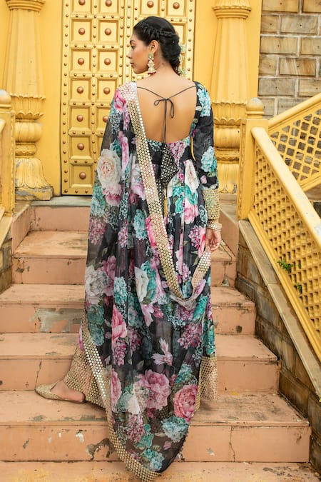 Monk & Mei By Sonia Anand Amber Printed Mirror Work Anarkali With Dupatta 