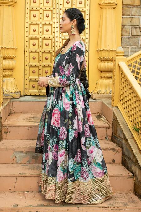 Monk & Mei By Sonia Anand_Black Georgette Mirrors, Embroidery Amber Printed Work Anarkali With Dupatta _Online_at_Aza_Fashions