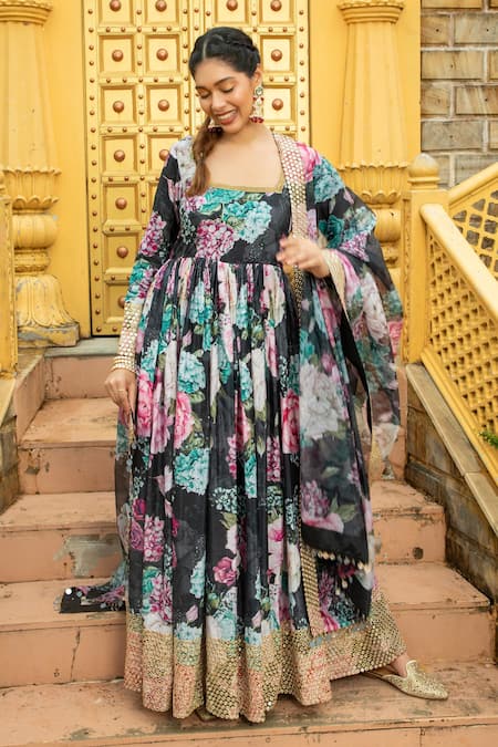 Buy_Monk & Mei By Sonia Anand_Black Georgette Mirrors, Embroidery Amber Printed Work Anarkali With Dupatta _Online_at_Aza_Fashions