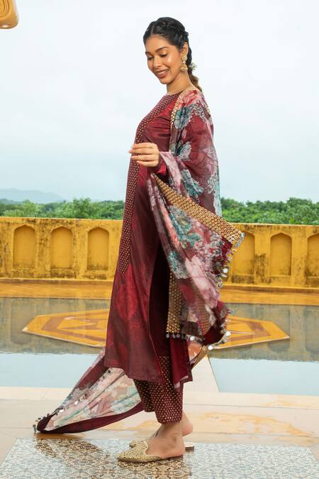 Monk & Mei By Sonia Anand_Maroon Georgette Beads, Mirrors Natasha Floral Print Embellished Kurta Pant Set _Online_at_Aza_Fashions