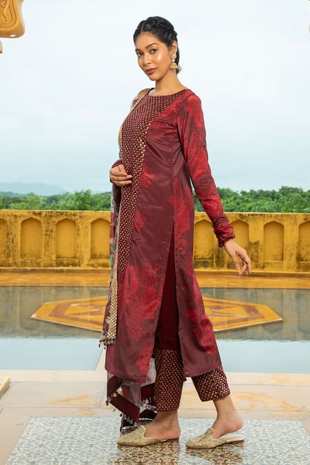 Buy_Monk & Mei By Sonia Anand_Maroon Georgette Beads, Mirrors Natasha Floral Print Embellished Kurta Pant Set _Online_at_Aza_Fashions