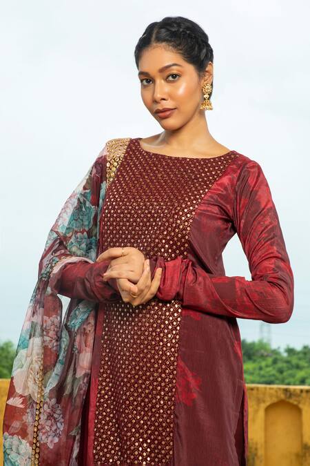 Shop_Monk & Mei By Sonia Anand_Maroon Georgette Beads, Mirrors Natasha Floral Print Embellished Kurta Pant Set _Online_at_Aza_Fashions
