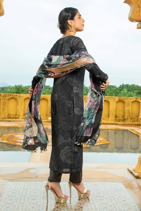 Buy_Monk & Mei By Sonia Anand_Black Georgette Beads, Mirrors Boat Natasha Printed Embellished Kurta Pant Set _Online_at_Aza_Fashions