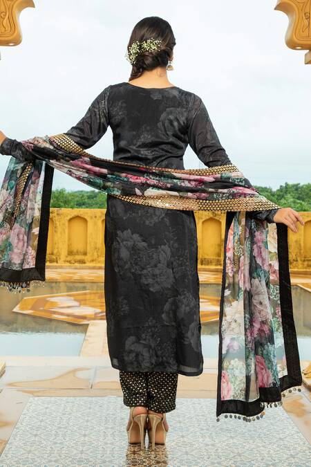 Shop_Monk & Mei By Sonia Anand_Black Georgette Beads, Mirrors Boat Natasha Printed Embellished Kurta Pant Set _Online_at_Aza_Fashions