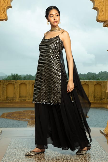 Buy_Monk & Mei By Sonia Anand_Black Georgette Beads, Zari Scoop Neck Liana Embroidered Kurta Gharara Set _Online_at_Aza_Fashions