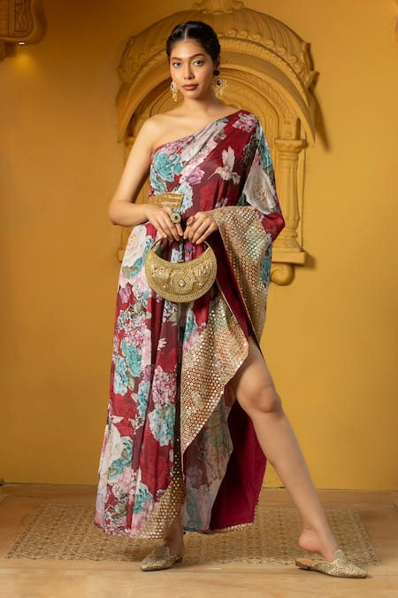 MONK & MEI BY SONIA ANAND Maroon Georgette Embellished Floral One Aiman Printed Asymmetric Dress 