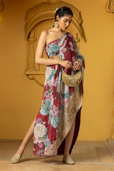 Monk & Mei By Sonia Anand_Maroon Georgette Embroidery, Mirrors One Aiman Printed Asymmetric Dress _Online_at_Aza_Fashions