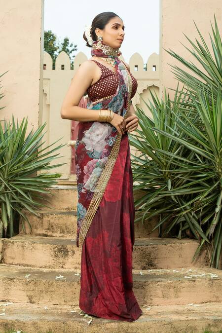 Monk & Mei By Sonia Anand_Maroon Georgette Mirrors V-neck Sanam Floral Print Saree With Blouse _Online_at_Aza_Fashions