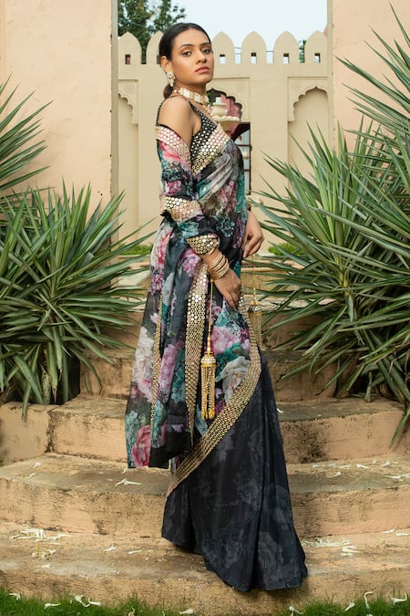 Monk & Mei By Sonia Anand_Black Georgette Mirrors V-neck Sanam Printed Floral Saree With Blouse _Online_at_Aza_Fashions