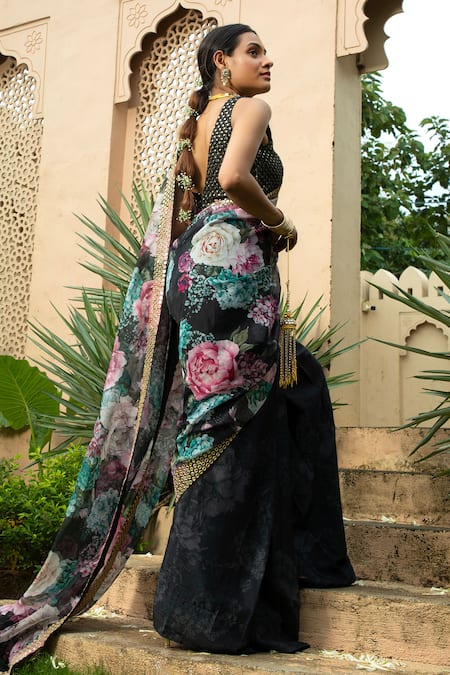 Buy_Monk & Mei By Sonia Anand_Black Georgette Mirrors V-neck Sanam Printed Floral Saree With Blouse _Online_at_Aza_Fashions