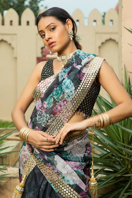 Monk & Mei By Sonia Anand_Black Georgette Mirrors V-neck Sanam Printed Floral Saree With Blouse _at_Aza_Fashions