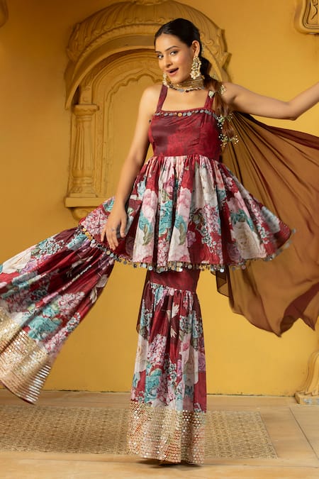 Monk & Mei By Sonia Anand_Maroon Georgette Mirrors Square Neck Geeti Printed Peplum Kurta Sharara Set _Online_at_Aza_Fashions