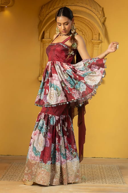 Shop_Monk & Mei By Sonia Anand_Maroon Georgette Mirrors Square Neck Geeti Printed Peplum Kurta Sharara Set _Online_at_Aza_Fashions