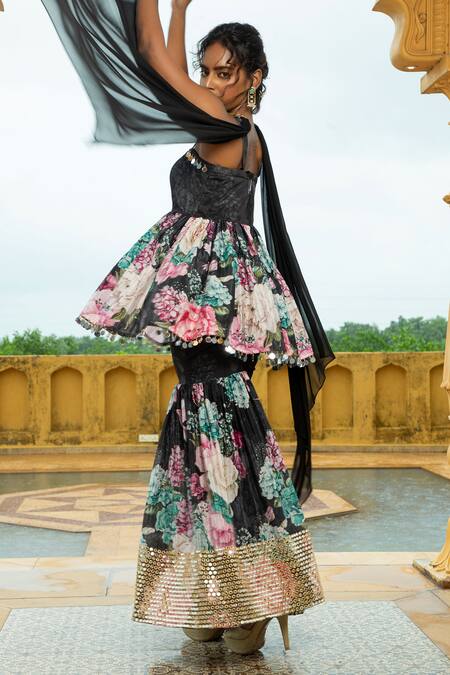 Monk & Mei By Sonia Anand_Black Georgette Embroidery, Mirrors Geeti Floral Print Peplum Kurta Sharara Set _Online_at_Aza_Fashions