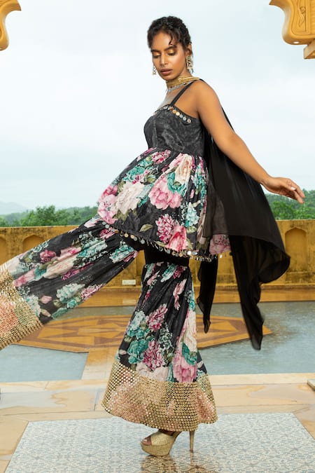 Buy_Monk & Mei By Sonia Anand_Black Georgette Embroidery, Mirrors Geeti Floral Print Peplum Kurta Sharara Set _Online_at_Aza_Fashions