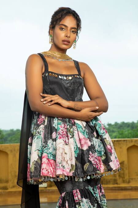 Shop_Monk & Mei By Sonia Anand_Black Georgette Embroidery, Mirrors Geeti Floral Print Peplum Kurta Sharara Set _Online_at_Aza_Fashions