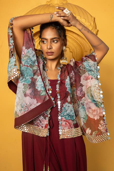Monk & Mei By Sonia Anand_Maroon Georgette Embroidery, Mirrors Open Aaina Floral Print Cape With Jumpsuit _Online_at_Aza_Fashions