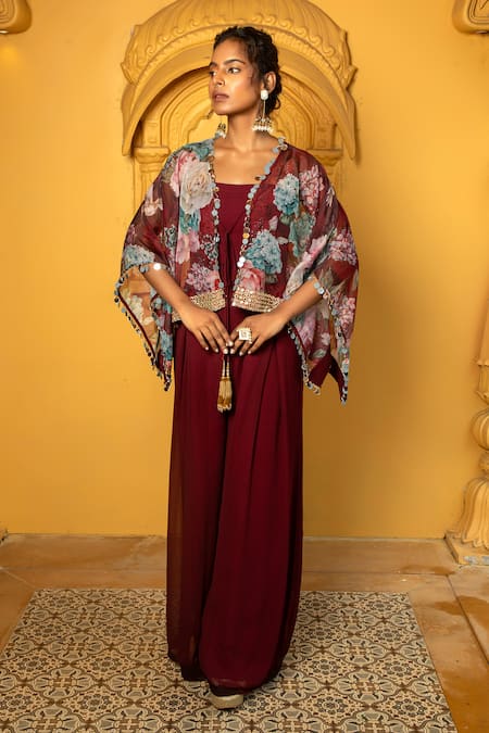 Buy_Monk & Mei By Sonia Anand_Maroon Georgette Embroidery, Mirrors Open Aaina Floral Print Cape With Jumpsuit _Online_at_Aza_Fashions