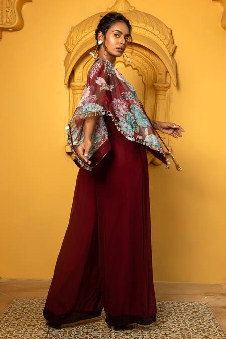 Shop_Monk & Mei By Sonia Anand_Maroon Georgette Embroidery, Mirrors Open Aaina Floral Print Cape With Jumpsuit _Online_at_Aza_Fashions