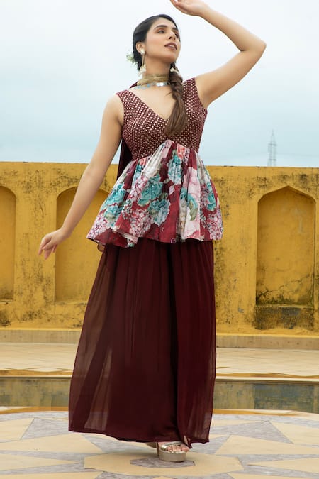 MONK & MEI BY SONIA ANAND Maroon Georgette Embellished Nazneen Foil Work Printed Peplum Kurta Gharara Set 