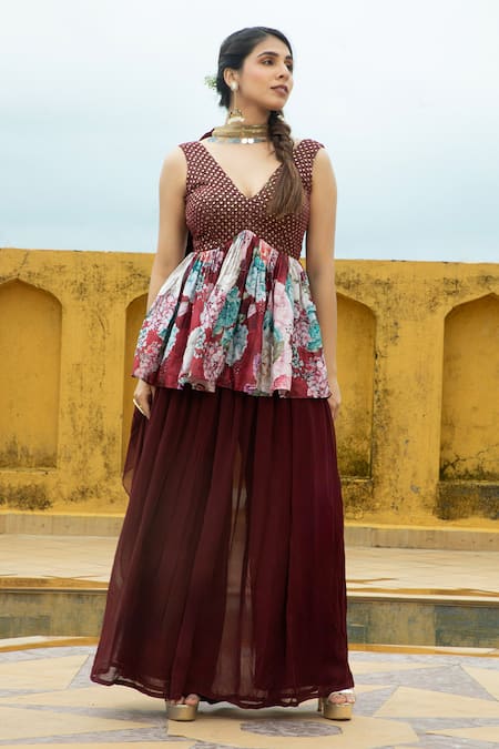 Monk & Mei By Sonia Anand_Maroon Georgette Foil Printing, Nazneen Work Printed Peplum Kurta Gharara Set _Online_at_Aza_Fashions
