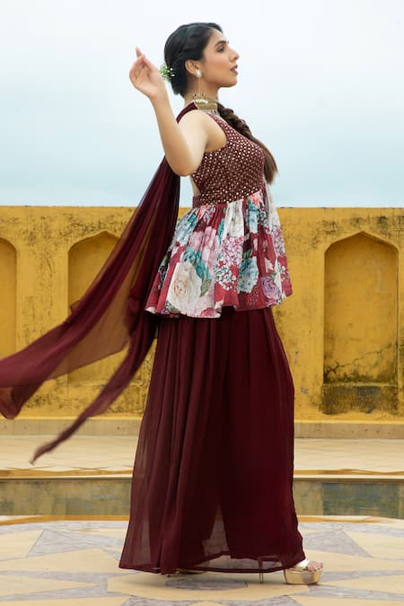 Buy_Monk & Mei By Sonia Anand_Maroon Georgette Foil Printing, Nazneen Work Printed Peplum Kurta Gharara Set _Online_at_Aza_Fashions