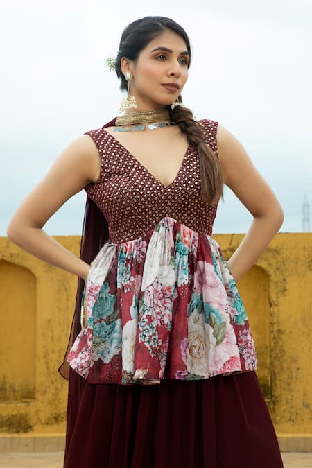 Shop_Monk & Mei By Sonia Anand_Maroon Georgette Foil Printing, Nazneen Work Printed Peplum Kurta Gharara Set _Online_at_Aza_Fashions