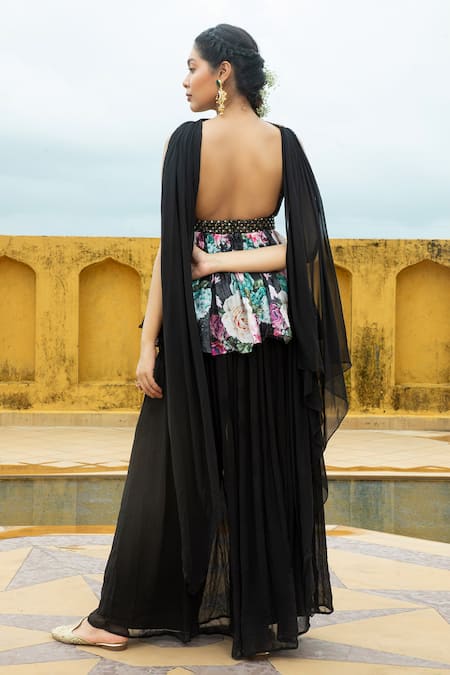 Shop Monk & Mei By Sonia Anand Black Georgette Foil Printing, Nazneen Printed Work Peplum Kurta Gharara Set at Aza Fashions Shop_Monk & Mei By Sonia Anand_Black Georgette Foil Printing, Nazneen Printed Work Peplum Kurta Gharara Set _at_Aza_Fashions