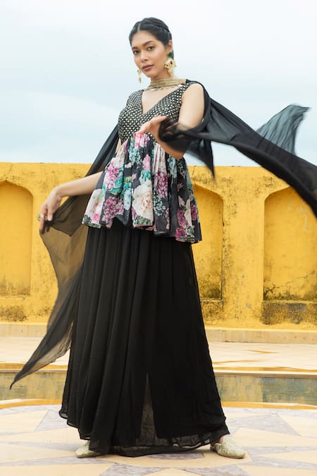 Monk & Mei By Sonia Anand Black Georgette Foil Printing, Nazneen Printed Work Peplum Kurta Gharara Set Online at Aza Fashions Monk & Mei By Sonia Anand_Black Georgette Foil Printing, Nazneen Printed Work Peplum Kurta Gharara Set _Online_at_Aza_Fashions