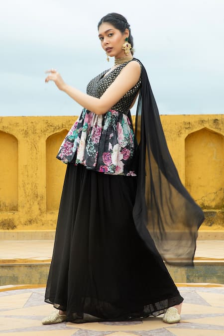 Buy Monk & Mei By Sonia Anand Black Georgette Foil Printing, Nazneen Printed Work Peplum Kurta Gharara Set Online at Aza Fashions Buy_Monk & Mei By Sonia Anand_Black Georgette Foil Printing, Nazneen Printed Work Peplum Kurta Gharara Set _Online_at_Aza_Fashions