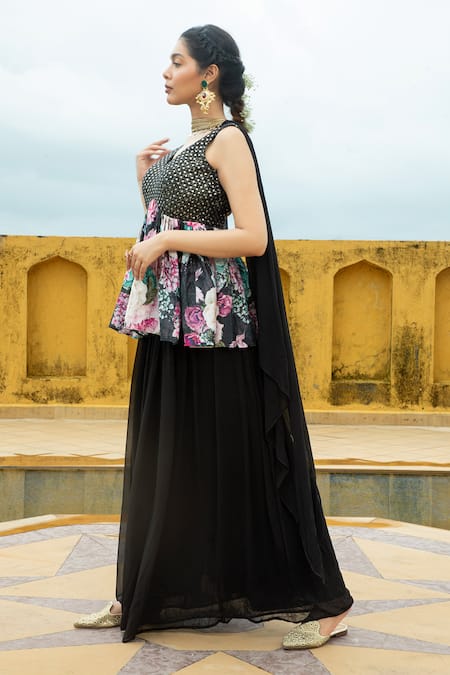 Shop Monk & Mei By Sonia Anand Black Georgette Foil Printing, Nazneen Printed Work Peplum Kurta Gharara Set Online at Aza Fashions Shop_Monk & Mei By Sonia Anand_Black Georgette Foil Printing, Nazneen Printed Work Peplum Kurta Gharara Set _Online_at_Aza_Fashions