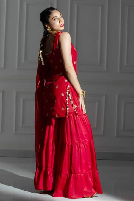 Buy_Monk & Mei By Sonia Anand_Red Organza, Silk, Brocade Scoop Neck Leaf Butti Pattern Kurta And Sharara Set _Online_at_Aza_Fashions